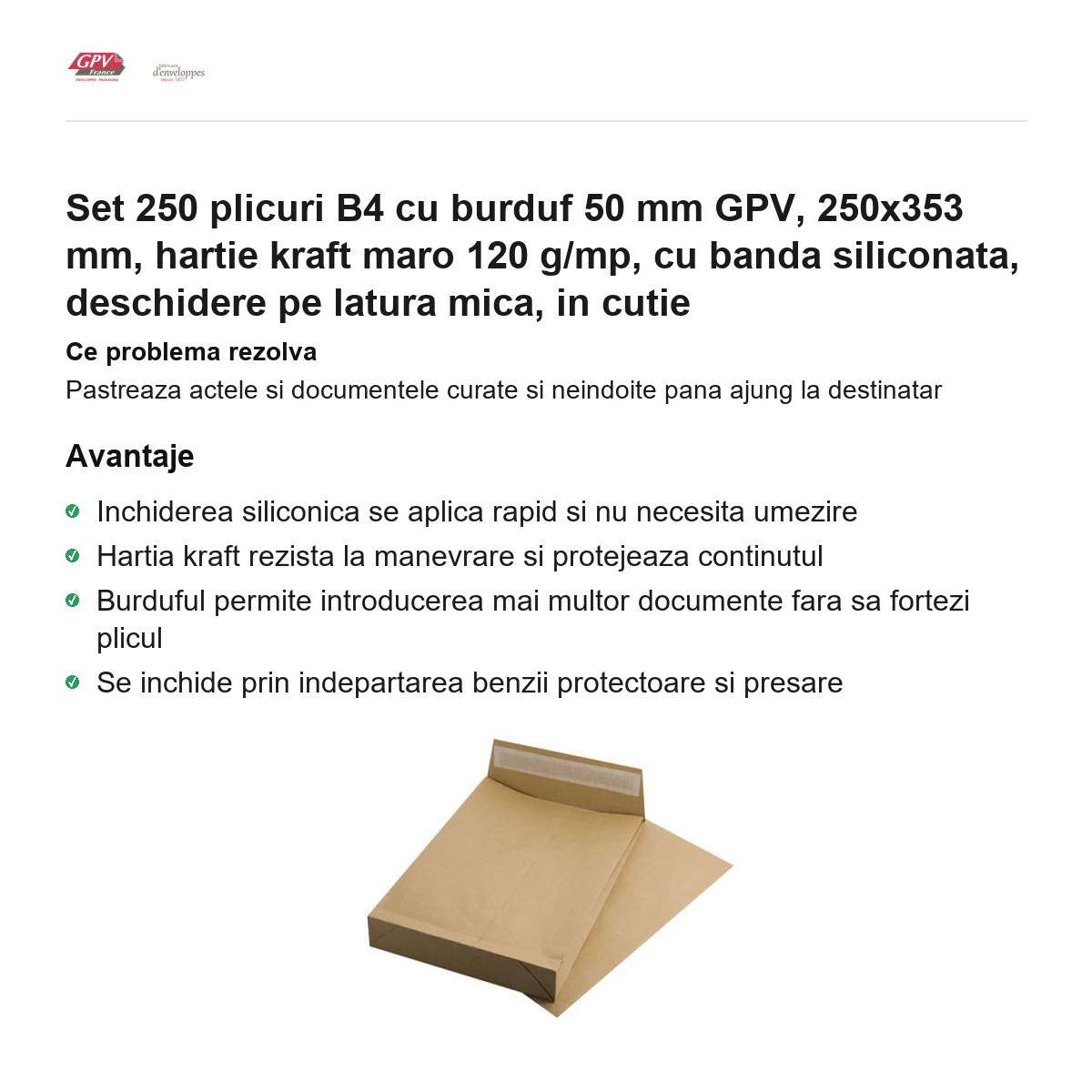 Set 250 plicuri B4 cu burduf 50 mm GPV, 250x353 mm, hartie kraft maro 120 g/mp, cu banda siliconata, deschidere pe latura mica, in cutie [1]