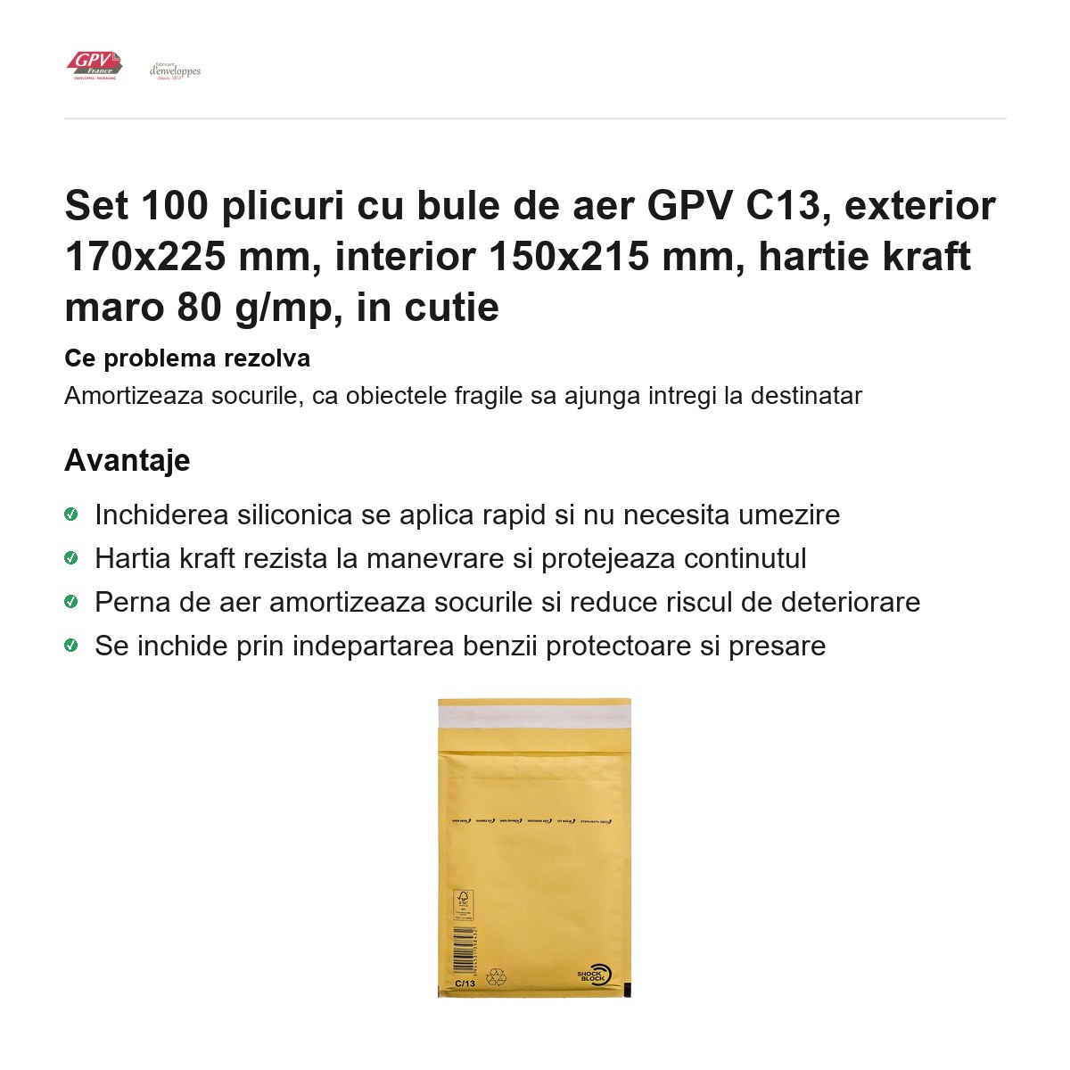 Set 100 plicuri cu bule de aer GPV C13, exterior 170x225 mm, interior 150x215 mm, hartie kraft maro 80 g/mp, in cutie [1]