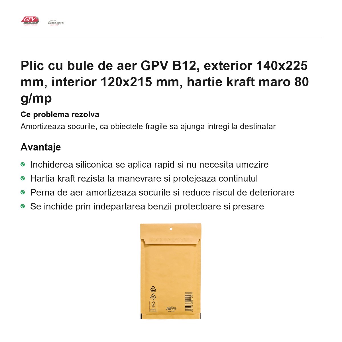 Plic cu bule de aer GPV B12, exterior 140x225 mm, interior 120x215 mm, hartie kraft maro 80 g/mp [1]