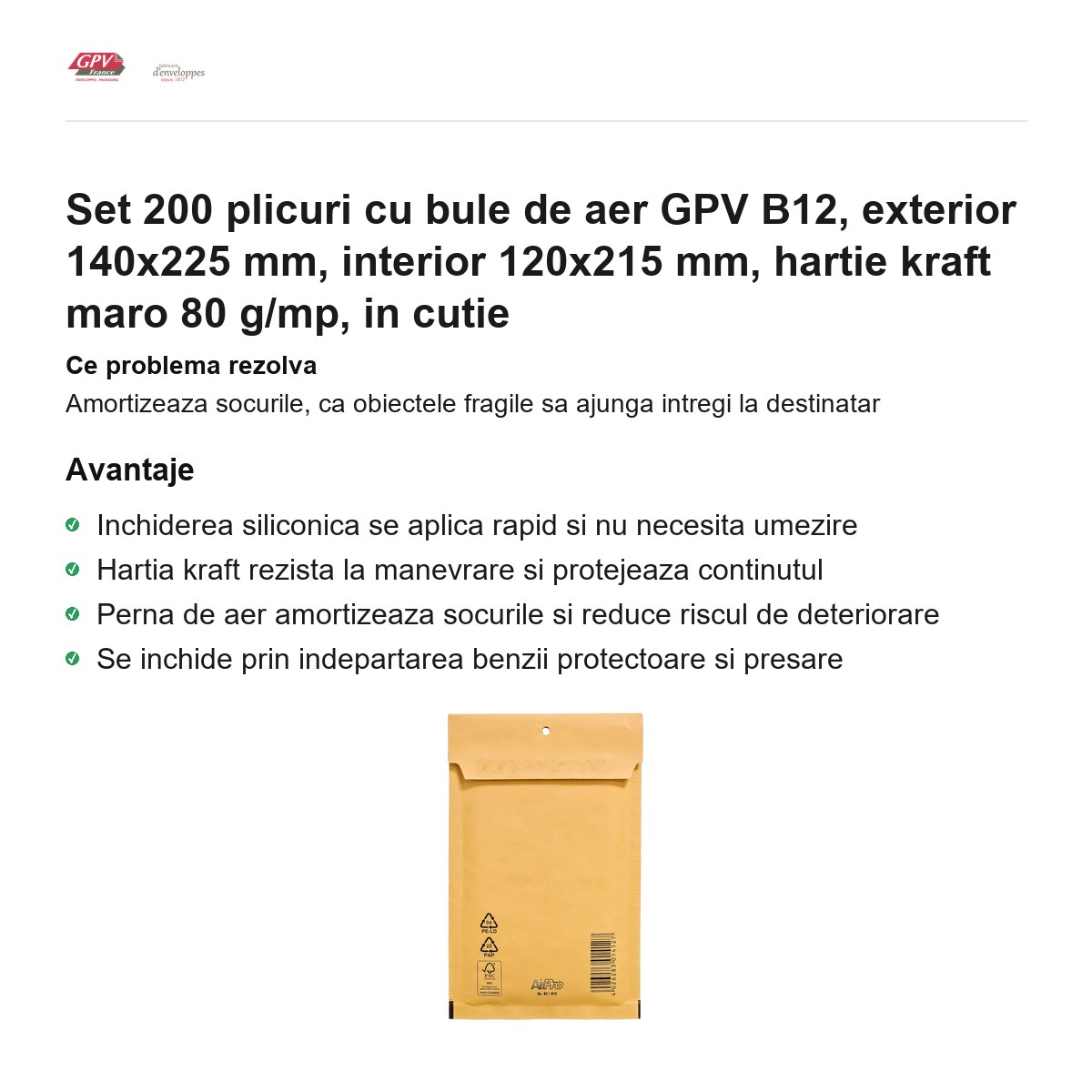 Set 200 plicuri cu bule de aer GPV B12, exterior 140x225 mm, interior 120x215 mm, hartie kraft maro 80 g/mp, in cutie [1]