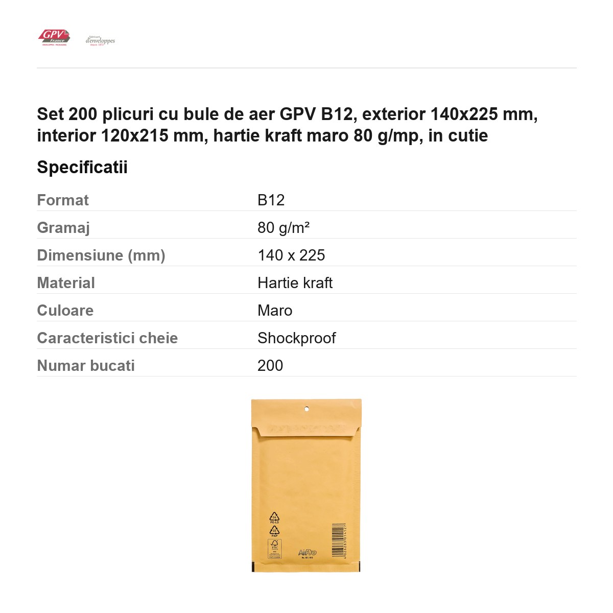 Set 200 plicuri cu bule de aer GPV B12, exterior 140x225 mm, interior 120x215 mm, hartie kraft maro 80 g/mp, in cutie [2]