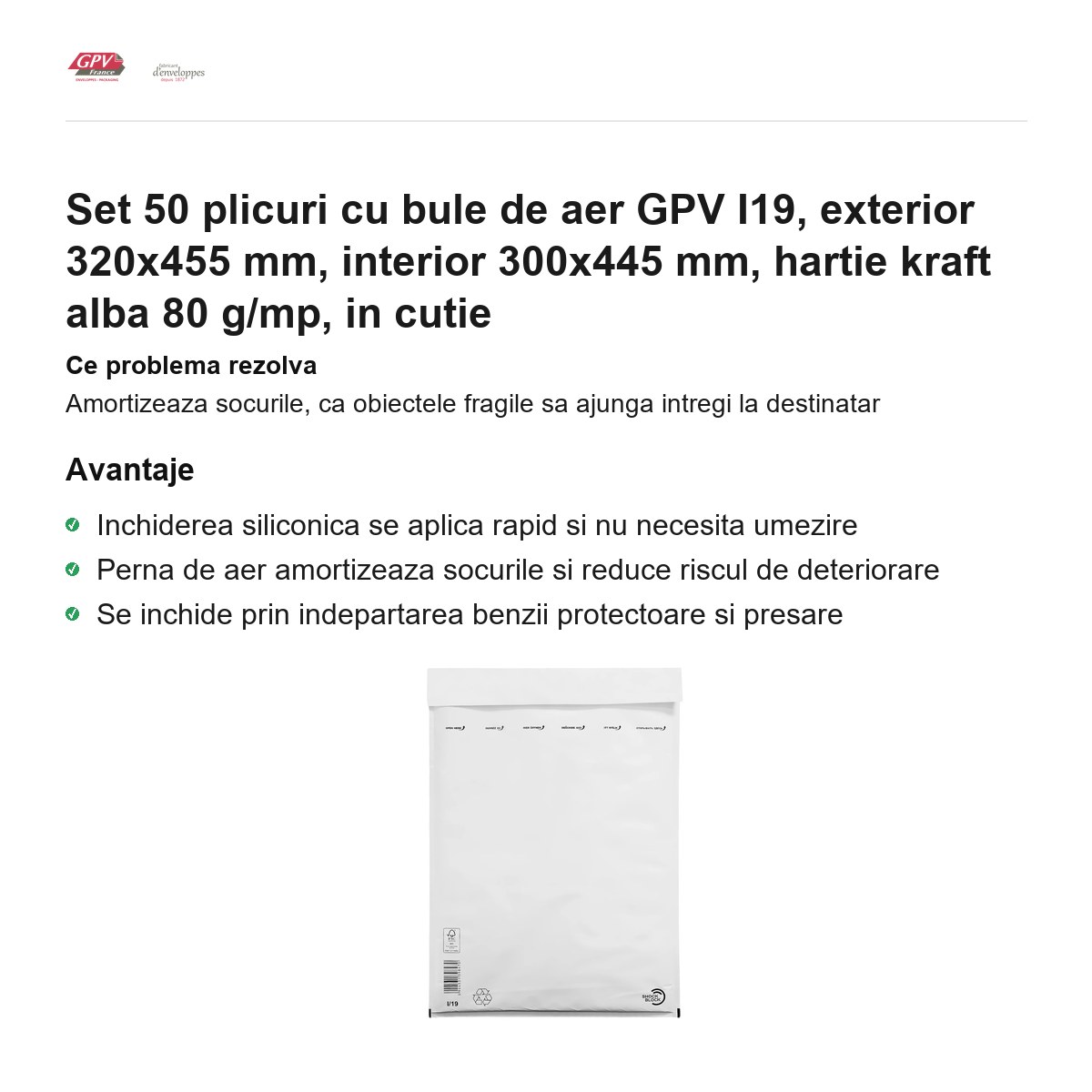 Set 50 plicuri cu bule de aer GPV I19, exterior 320x455 mm, interior 300x445 mm, hartie kraft alba 80 g/mp, in cutie [1]
