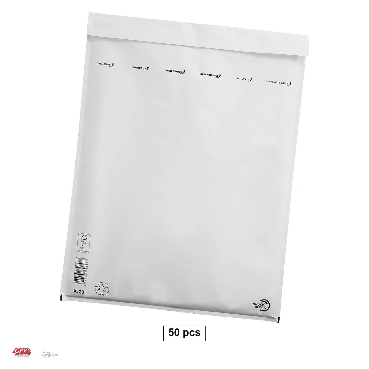 Plicuri - Set 50 plicuri cu bule de aer GPV K20, exterior 370x480 mm, interior 350x470 mm, hartie kraft alba 80 g/mp, in cutie