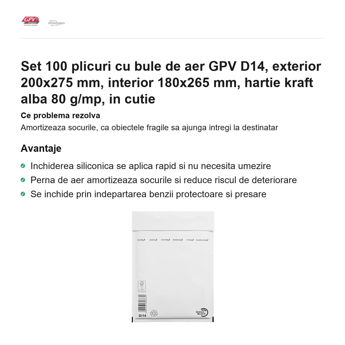 Set 100 plicuri cu bule de aer GPV D14, exterior 200x275 mm, interior 180x265 mm, hartie kraft alba 80 g/mp, in cutie [1]