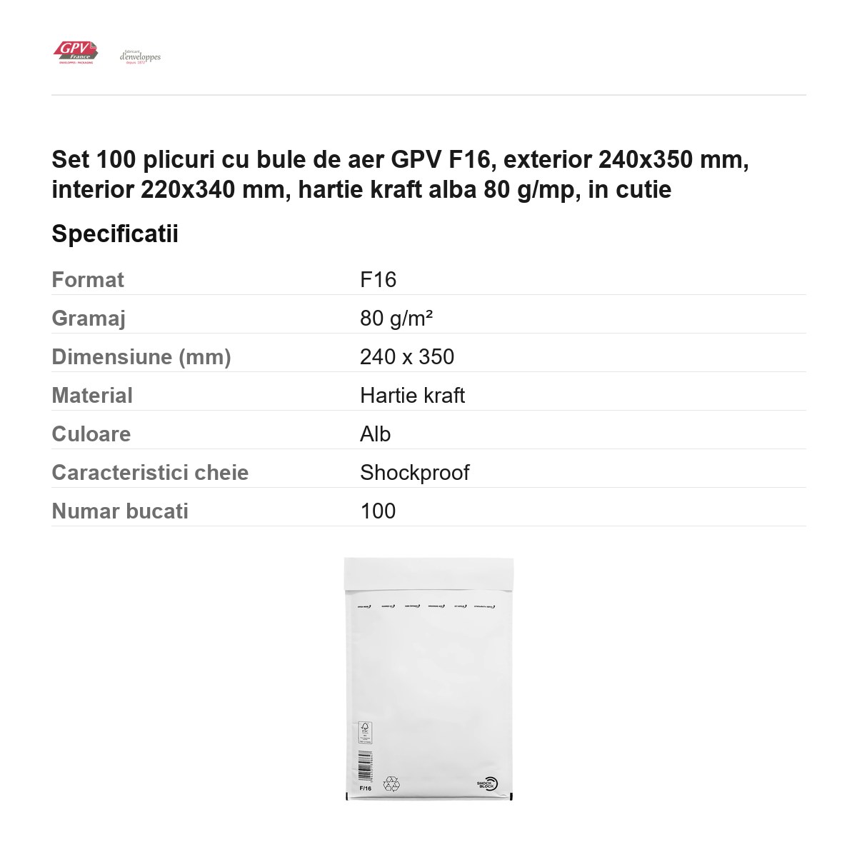 Set 100 plicuri cu bule de aer GPV F16, exterior 240x350 mm, interior 220x340 mm, hartie kraft alba 80 g/mp, in cutie [2]