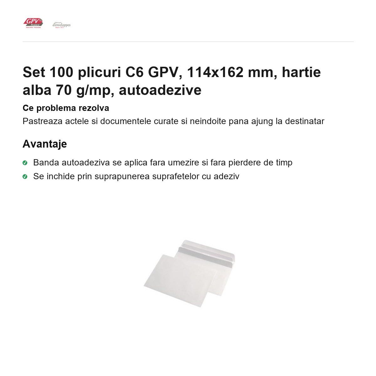 Set 100 plicuri C6 GPV, 114x162 mm, hartie alba 70 g/mp, autoadezive [1]
