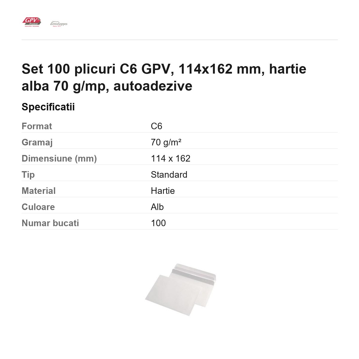 Set 100 plicuri C6 GPV, 114x162 mm, hartie alba 70 g/mp, autoadezive [2]