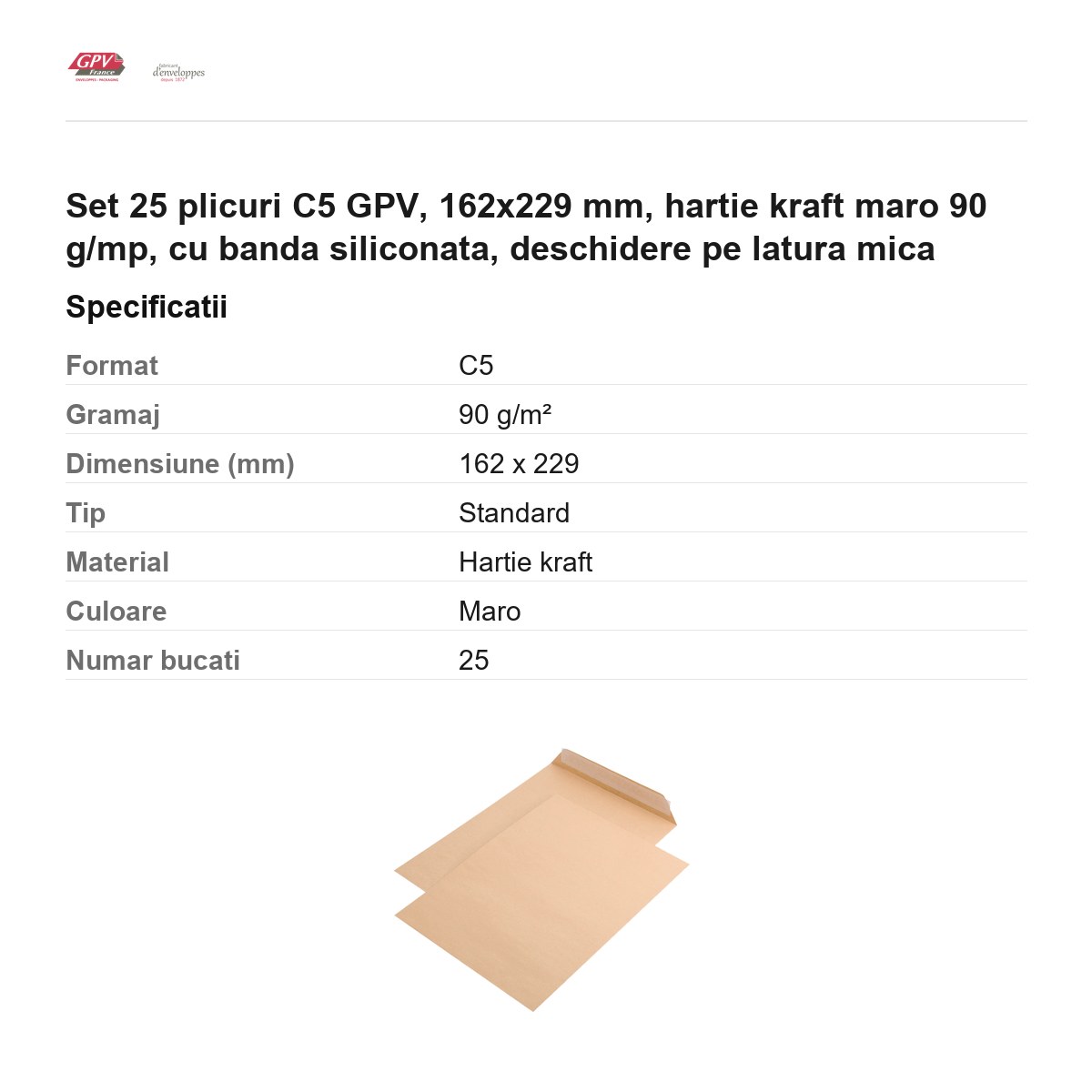Set 25 plicuri C5 GPV, 162x229 mm, hartie kraft maro 90 g/mp, cu banda siliconata, deschidere pe latura mica [2]