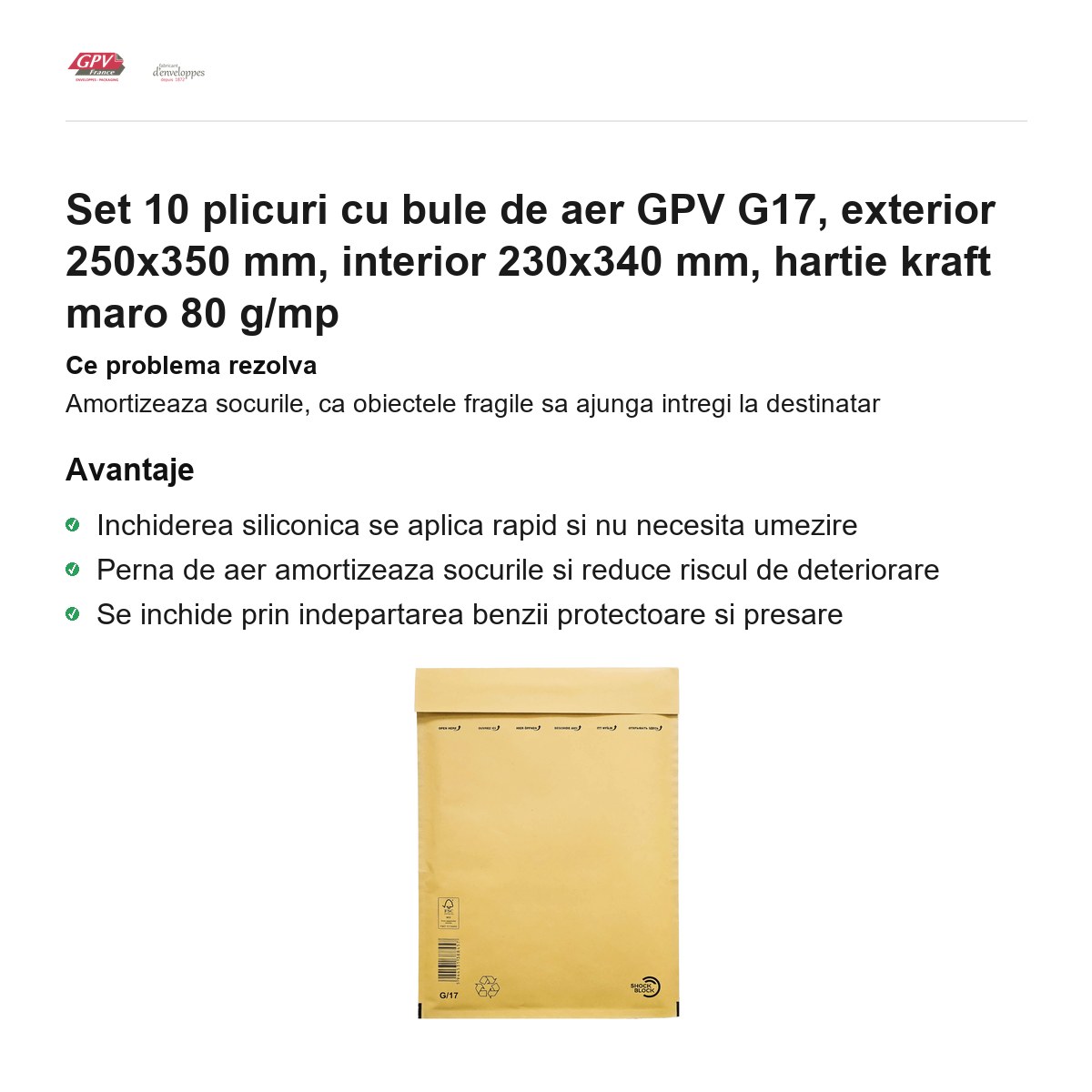 Set 10 plicuri cu bule de aer GPV G17, exterior 250x350 mm, interior 230x340 mm, hartie kraft maro 80 g/mp [1]