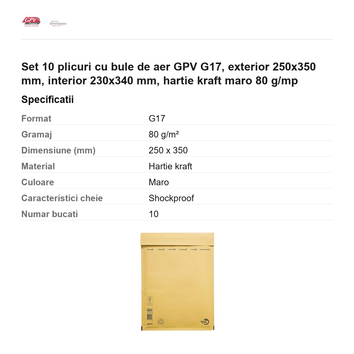 Set 10 plicuri cu bule de aer GPV G17, exterior 250x350 mm, interior 230x340 mm, hartie kraft maro 80 g/mp [2]