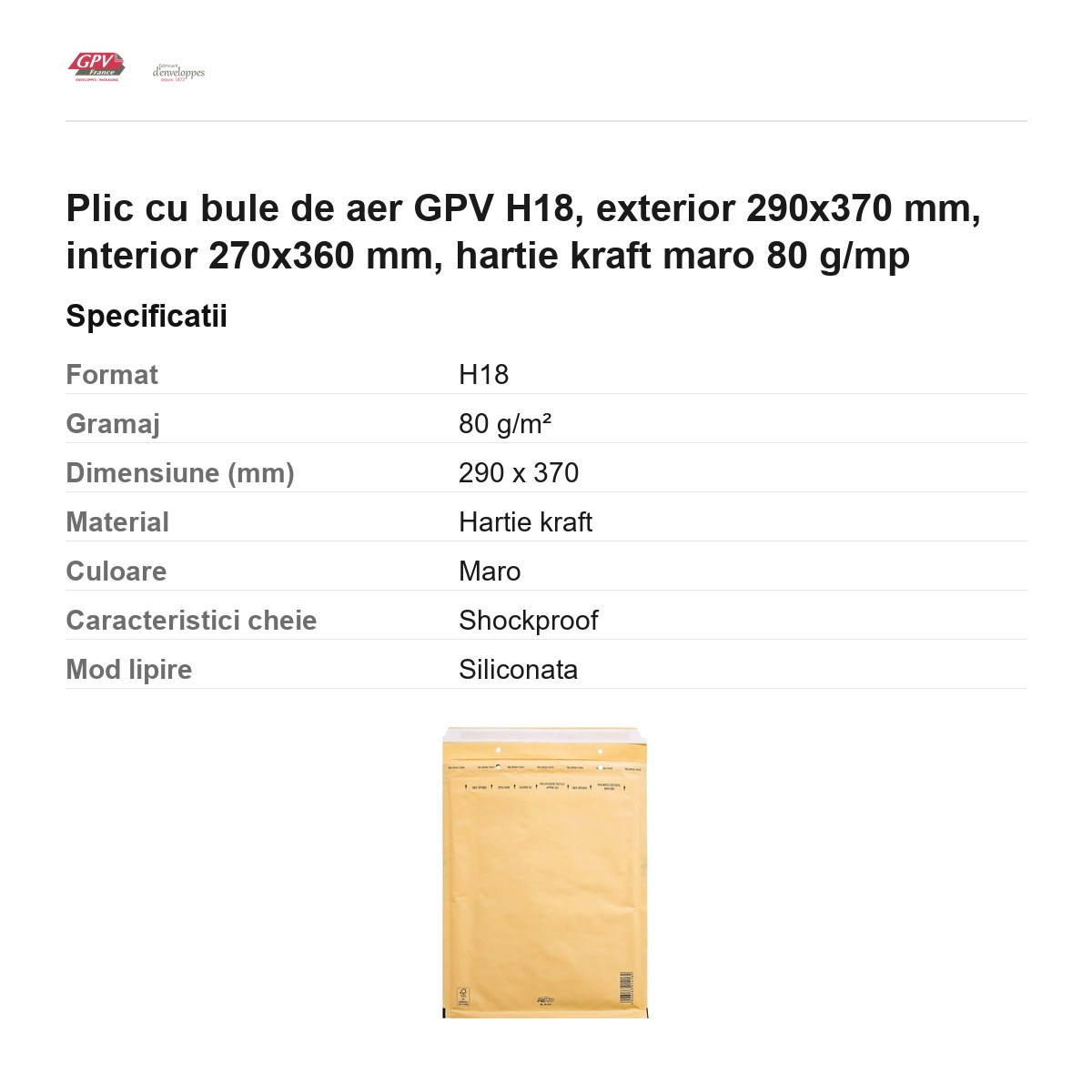 Plic cu bule de aer GPV H18, exterior 290x370 mm, interior 270x360 mm, hartie kraft maro 80 g/mp [2]