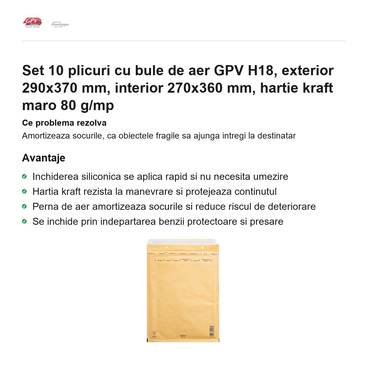 Set 10 plicuri cu bule de aer GPV H18, exterior 290x370 mm, interior 270x360 mm, hartie kraft maro 80 g/mp [1]