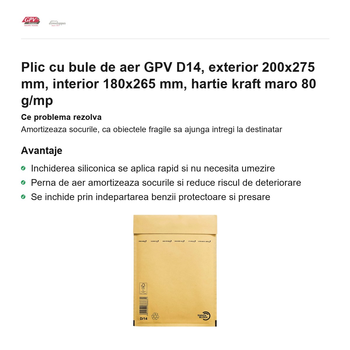 Plic cu bule de aer GPV D14, exterior 200x275 mm, interior 180x265 mm, hartie kraft maro 80 g/mp [1]