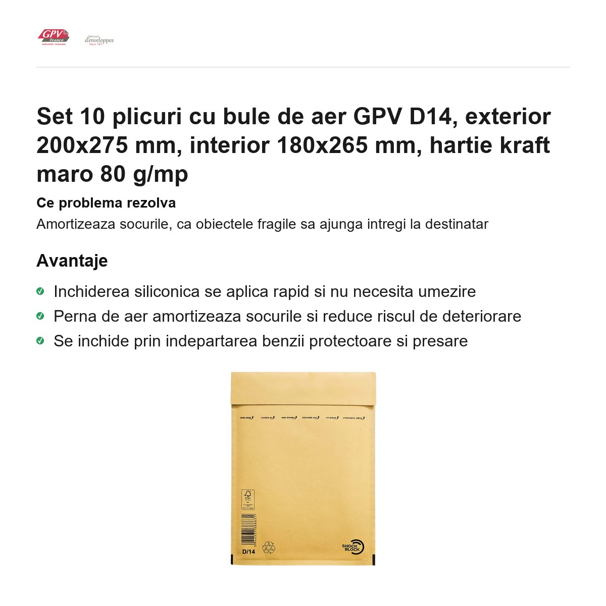 Set 10 plicuri cu bule de aer GPV D14, exterior 200x275 mm, interior 180x265 mm, hartie kraft maro 80 g/mp [1]