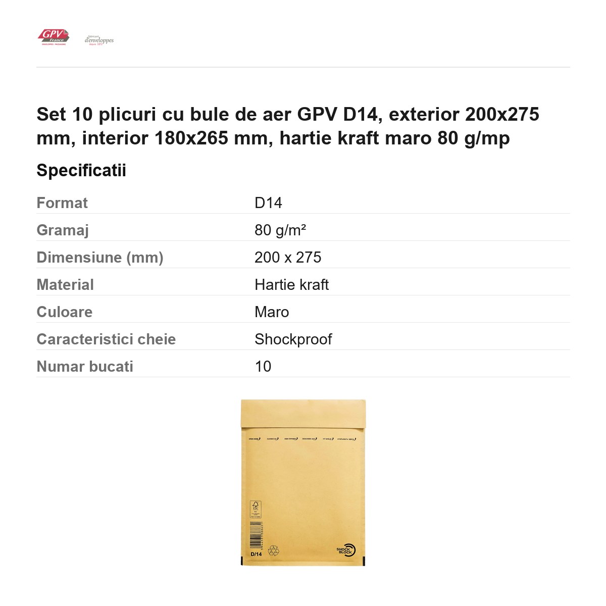 Set 10 plicuri cu bule de aer GPV D14, exterior 200x275 mm, interior 180x265 mm, hartie kraft maro 80 g/mp [2]