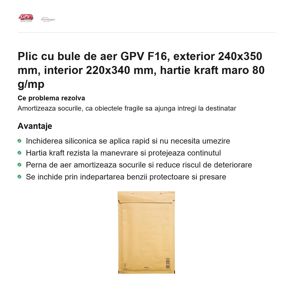 Plic cu bule de aer GPV F16, exterior 240x350 mm, interior 220x340 mm, hartie kraft maro 80 g/mp [1]