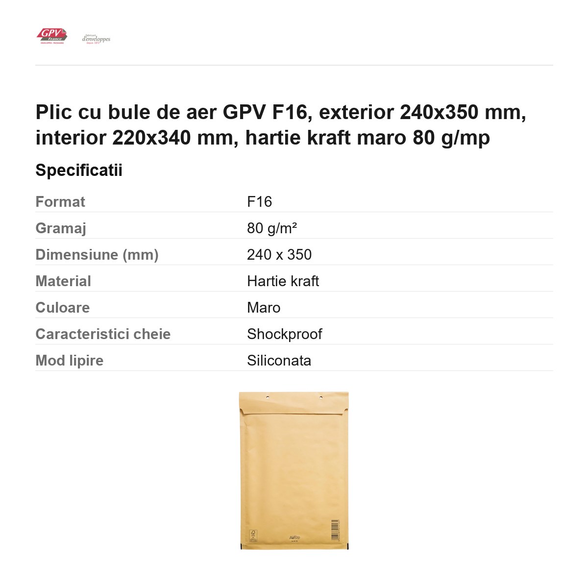 Plic cu bule de aer GPV F16, exterior 240x350 mm, interior 220x340 mm, hartie kraft maro 80 g/mp [2]