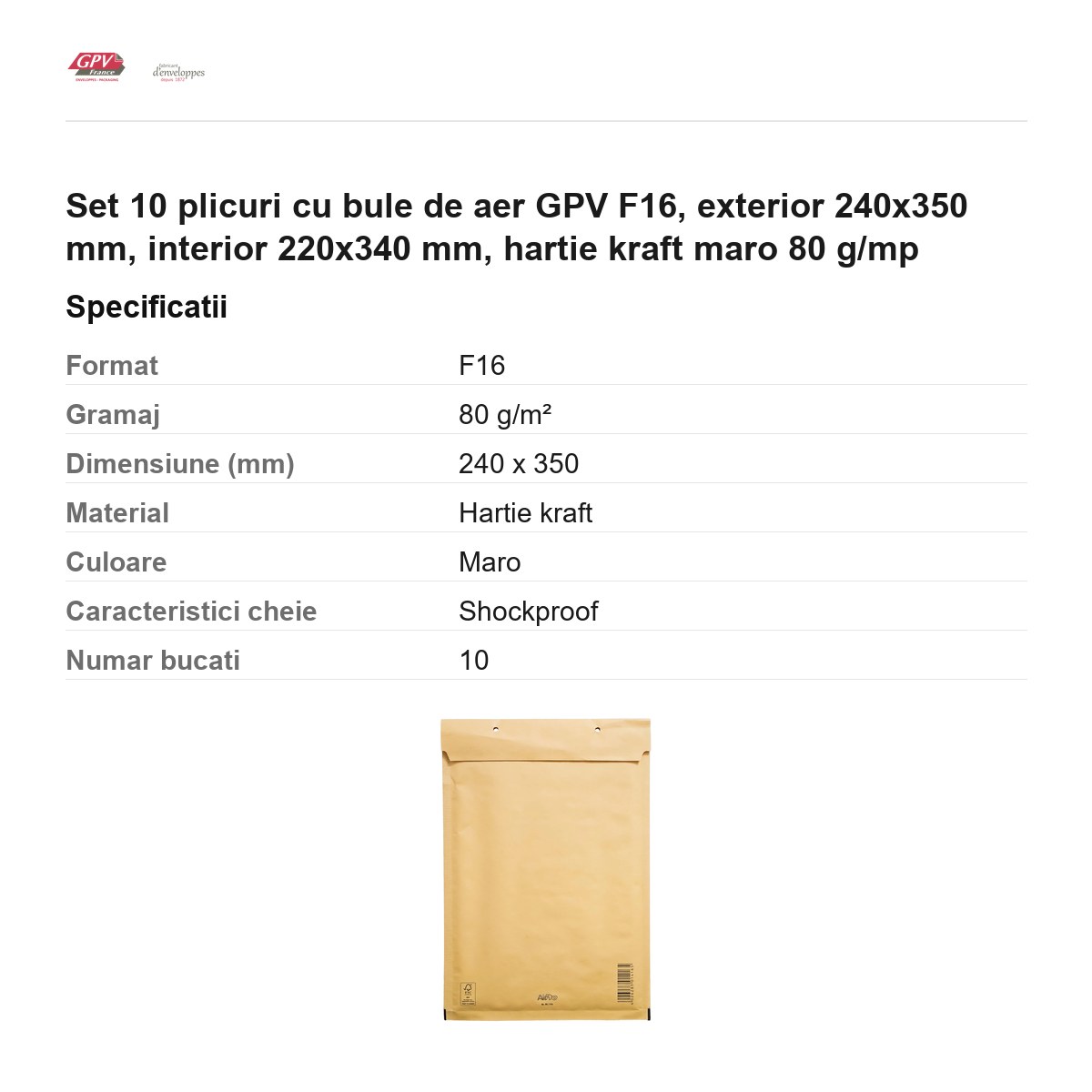 Set 10 plicuri cu bule de aer GPV F16, exterior 240x350 mm, interior 220x340 mm, hartie kraft maro 80 g/mp [2]