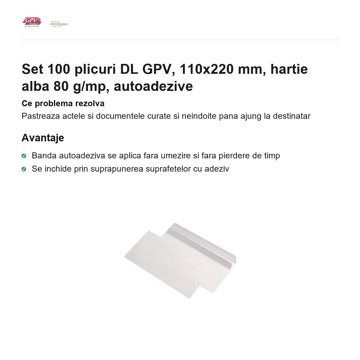 Set 100 plicuri DL GPV, 110x220 mm, hartie alba 80 g/mp, autoadezive [1]