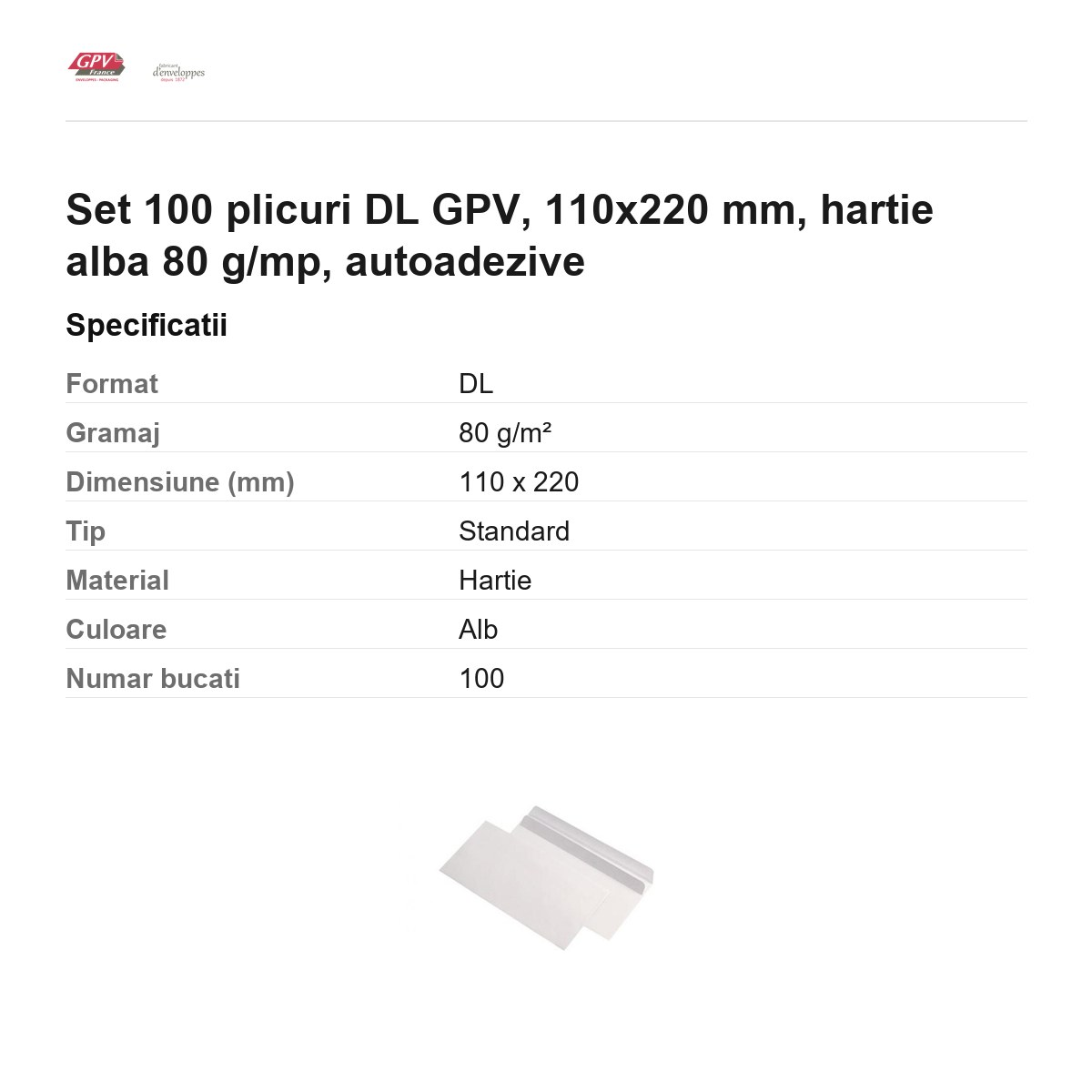Set 100 plicuri DL GPV, 110x220 mm, hartie alba 80 g/mp, autoadezive [2]