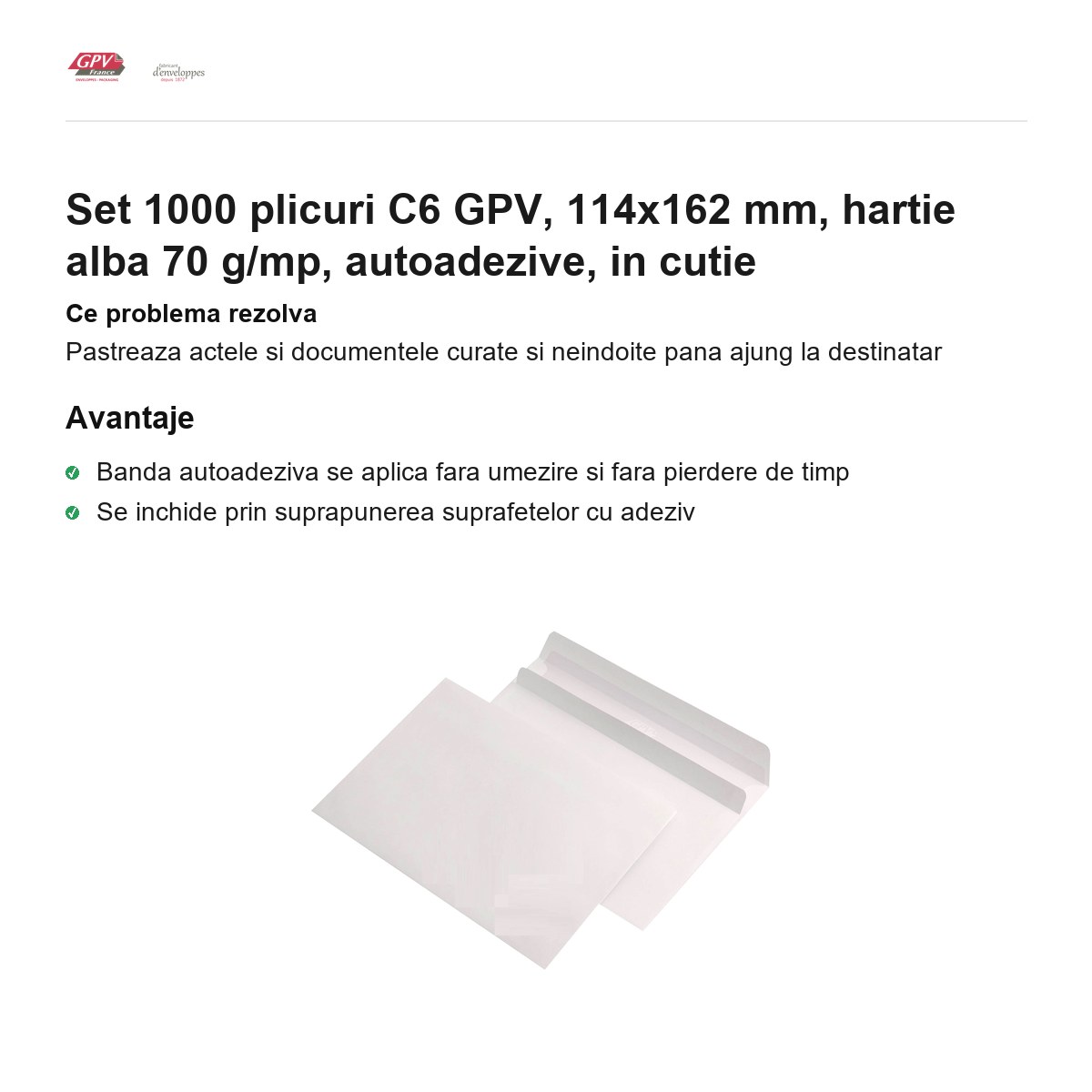 Set 1000 plicuri C6 GPV, 114x162 mm, hartie alba 70 g/mp, autoadezive, in cutie [1]