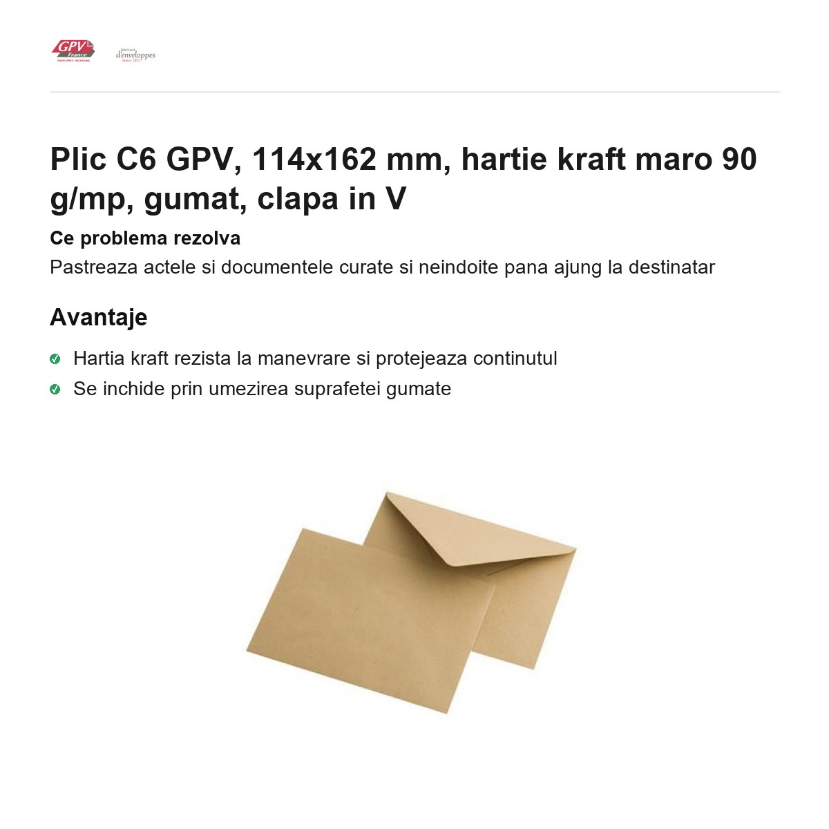 Plic C6 GPV, 114x162 mm, hartie kraft maro 90 g/mp, gumat, clapa in V [1]