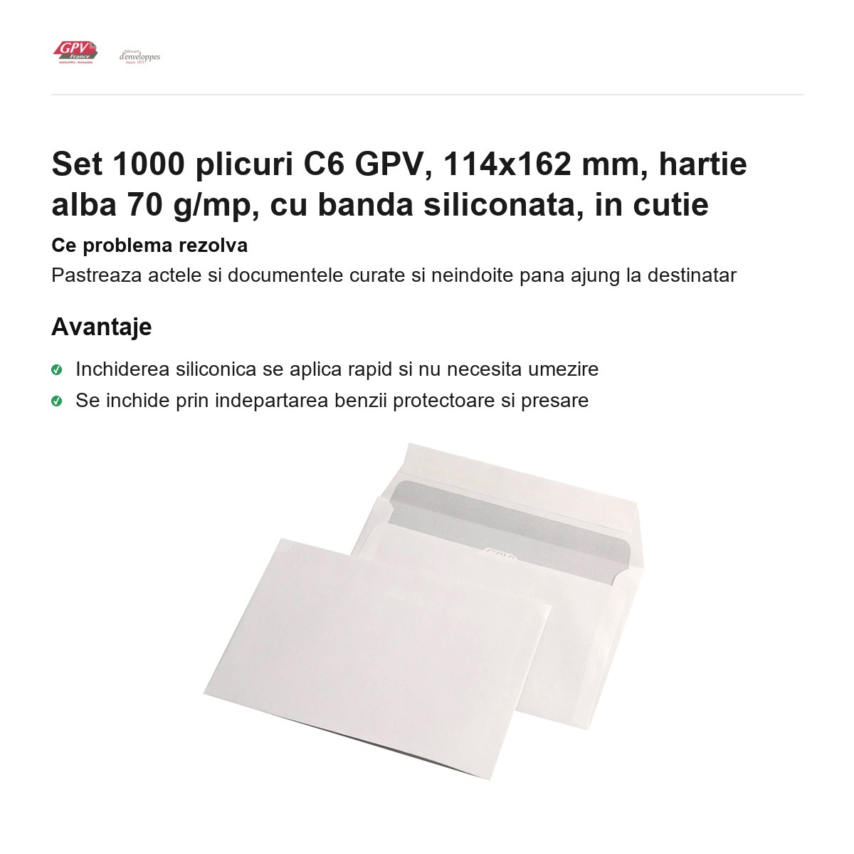 Set 1000 plicuri C6 GPV, 114x162 mm, hartie alba 70 g/mp, cu banda siliconata, in cutie [1]