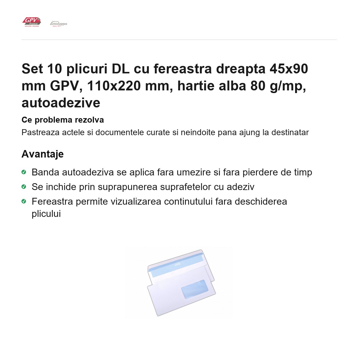 Set 10 plicuri DL cu fereastra dreapta 45x90 mm GPV, 110x220 mm, hartie alba 80 g/mp, autoadezive [1]