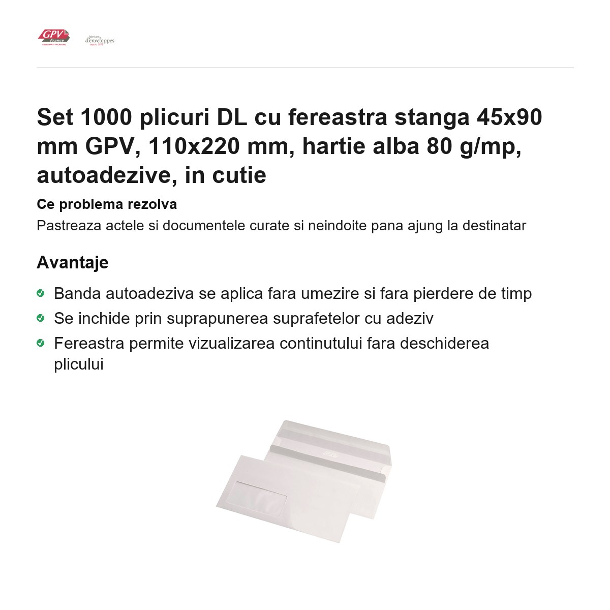 Set 1000 plicuri DL cu fereastra stanga 45x90 mm GPV, 110x220 mm, hartie alba 80 g/mp, autoadezive, in cutie [1]