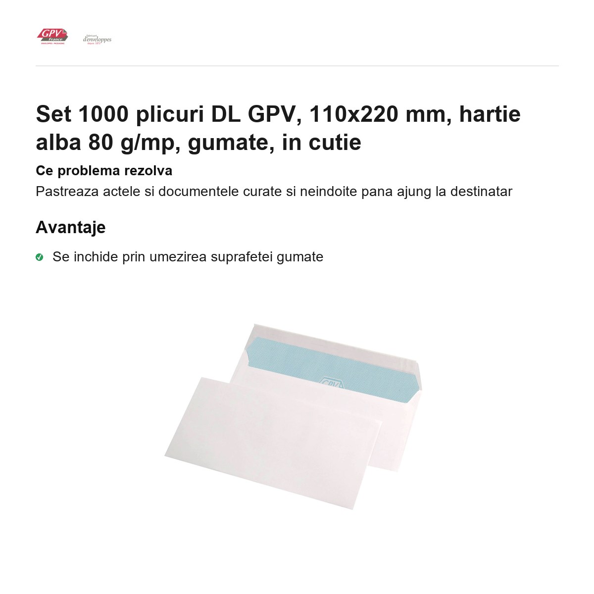 Set 1000 plicuri DL GPV, 110x220 mm, hartie alba 80 g/mp, gumate, in cutie [1]