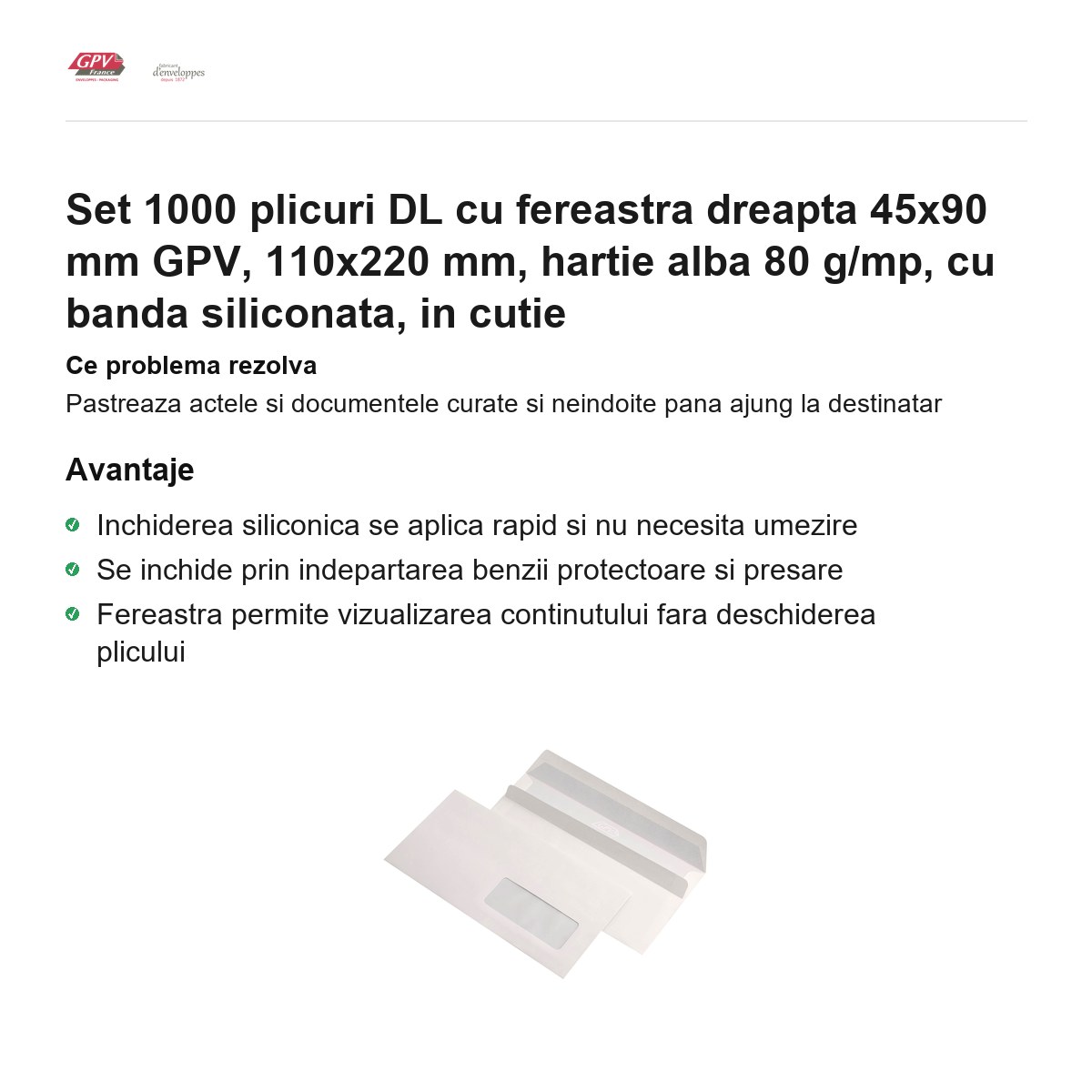 Set 1000 plicuri DL cu fereastra dreapta 45x90 mm GPV, 110x220 mm, hartie alba 80 g/mp, cu banda siliconata, in cutie [1]