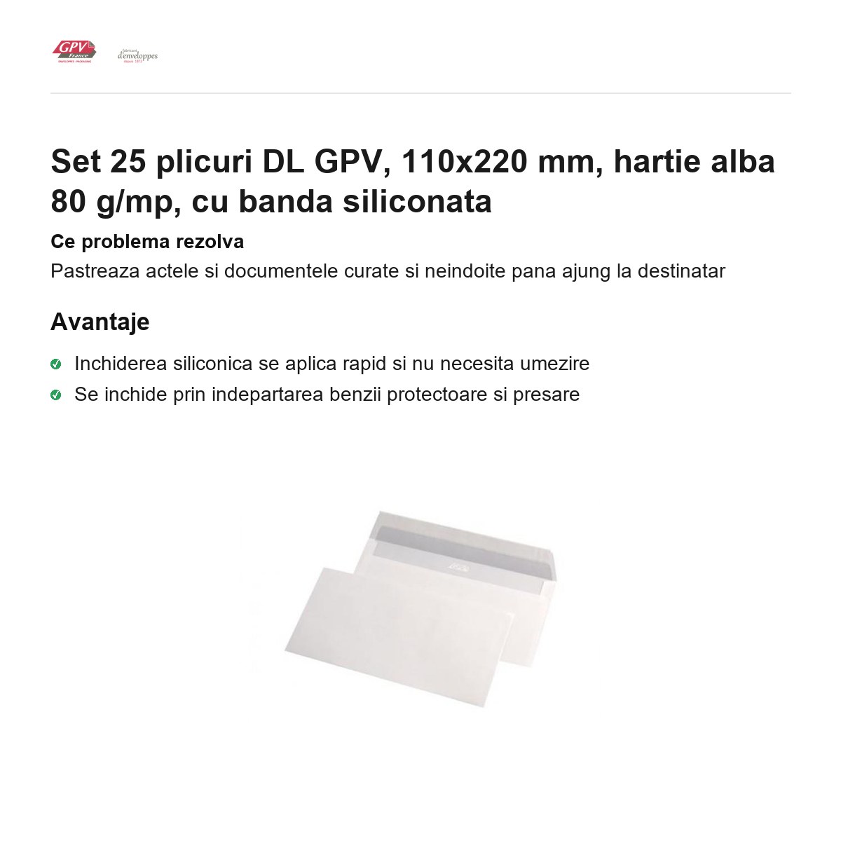 Set 25 plicuri DL GPV, 110x220 mm, hartie alba 80 g/mp, cu banda siliconata [1]