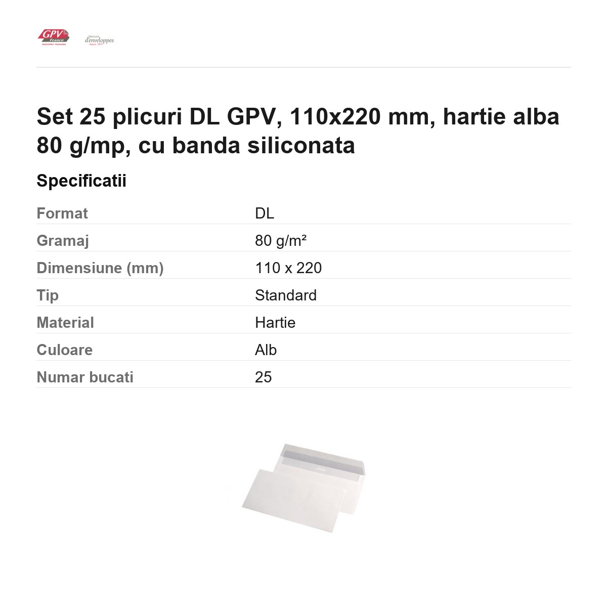 Set 25 plicuri DL GPV, 110x220 mm, hartie alba 80 g/mp, cu banda siliconata [2]