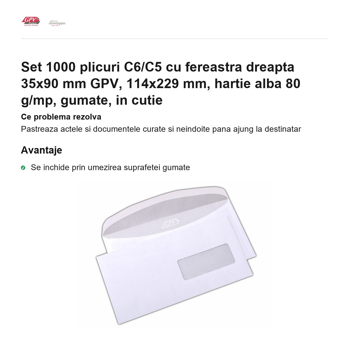 Set 1000 plicuri C6/C5 cu fereastra dreapta 35x90 mm GPV, 114x229 mm, hartie alba 80 g/mp, gumate, in cutie [1]