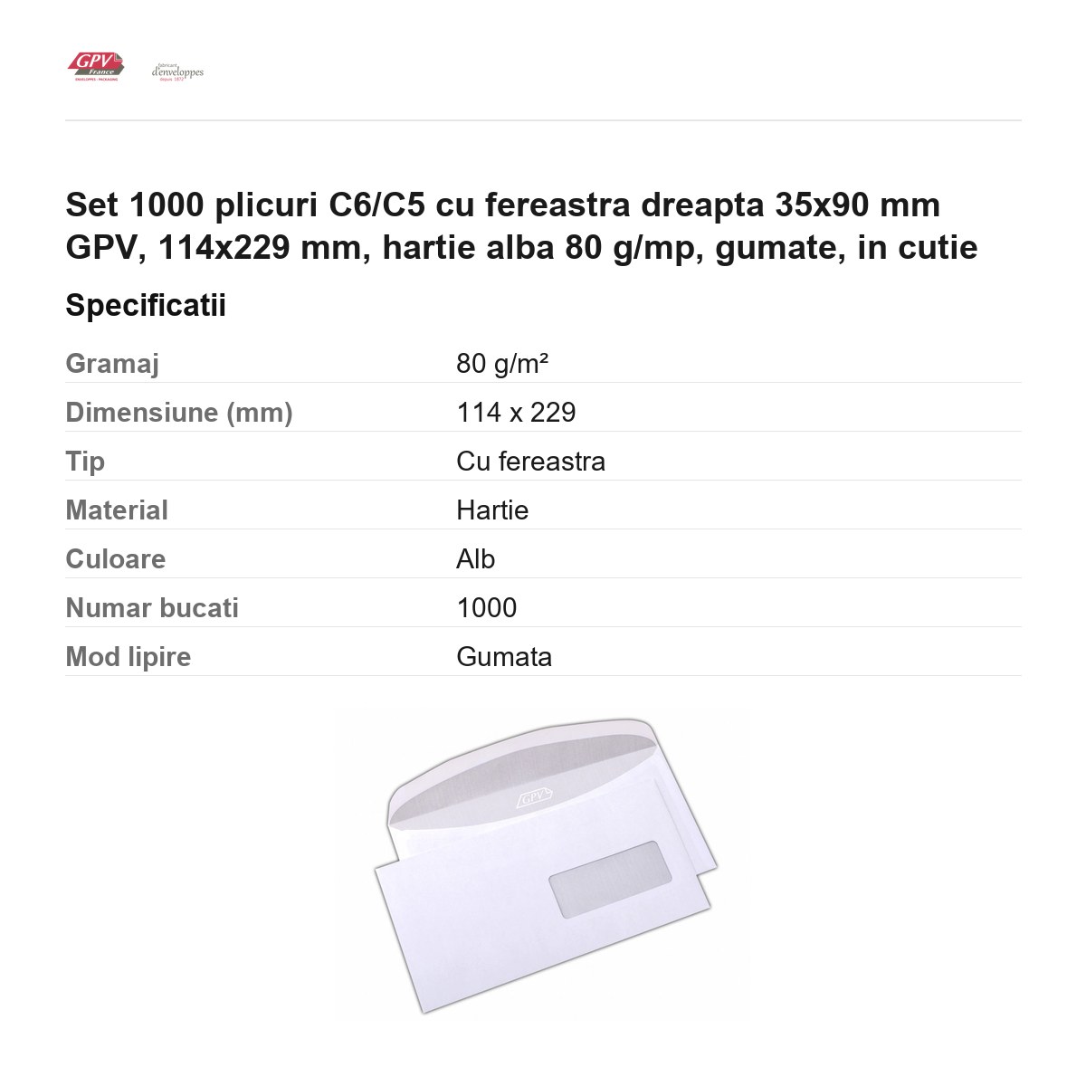 Set 1000 plicuri C6/C5 cu fereastra dreapta 35x90 mm GPV, 114x229 mm, hartie alba 80 g/mp, gumate, in cutie [2]