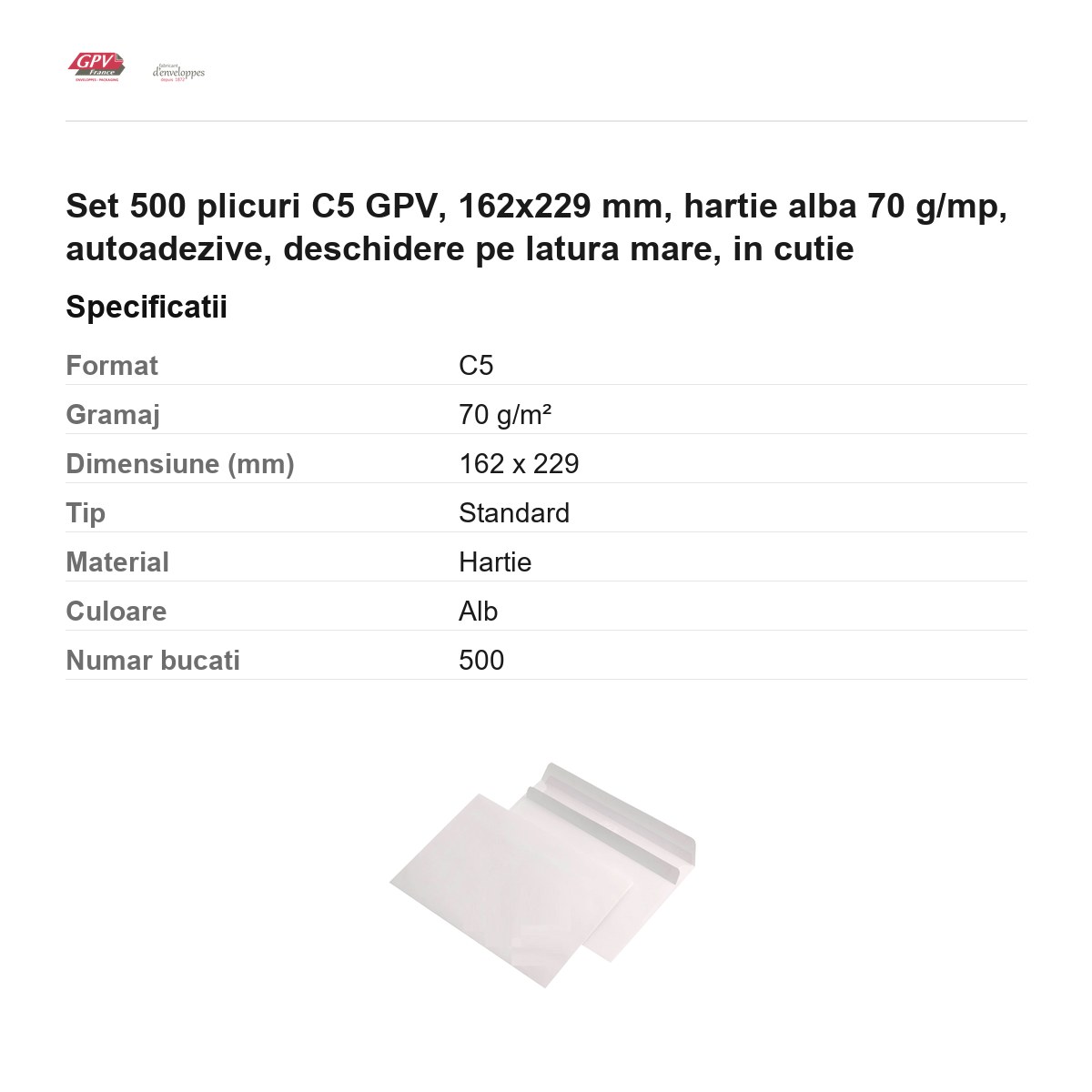 Set 500 plicuri C5 GPV, 162x229 mm, hartie alba 70 g/mp, autoadezive, deschidere pe latura mare, in cutie [2]