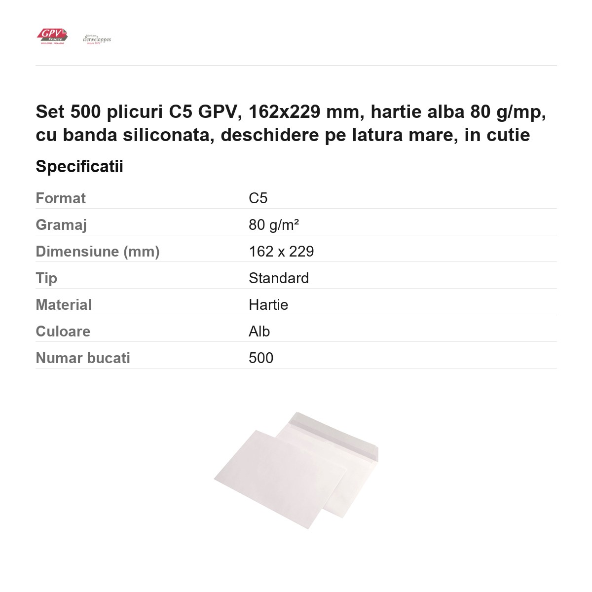 Set 500 plicuri C5 GPV, 162x229 mm, hartie alba 80 g/mp, cu banda siliconata, deschidere pe latura mare, in cutie [2]