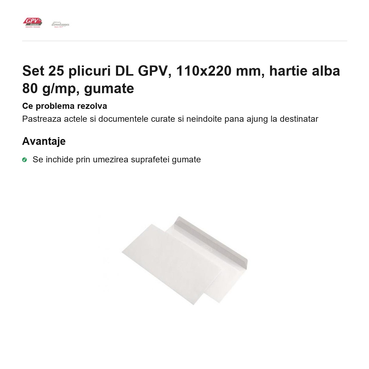 Set 25 plicuri DL GPV, 110x220 mm, hartie alba 80 g/mp, gumate [1]