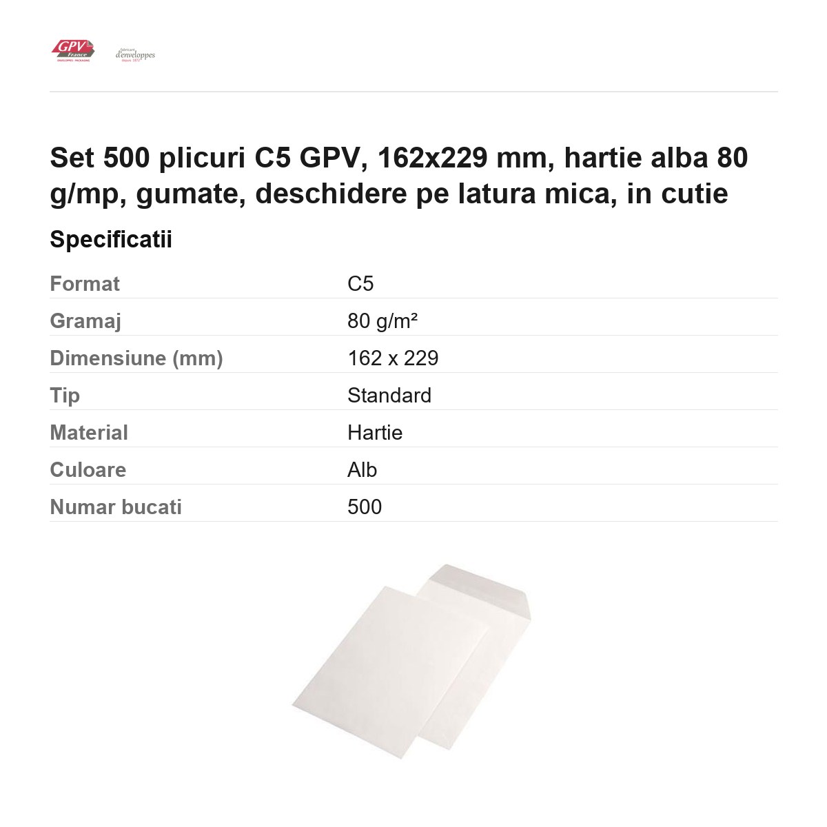 Set 500 plicuri C5 GPV, 162x229 mm, hartie alba 80 g/mp, gumate, deschidere pe latura mica, in cutie [2]