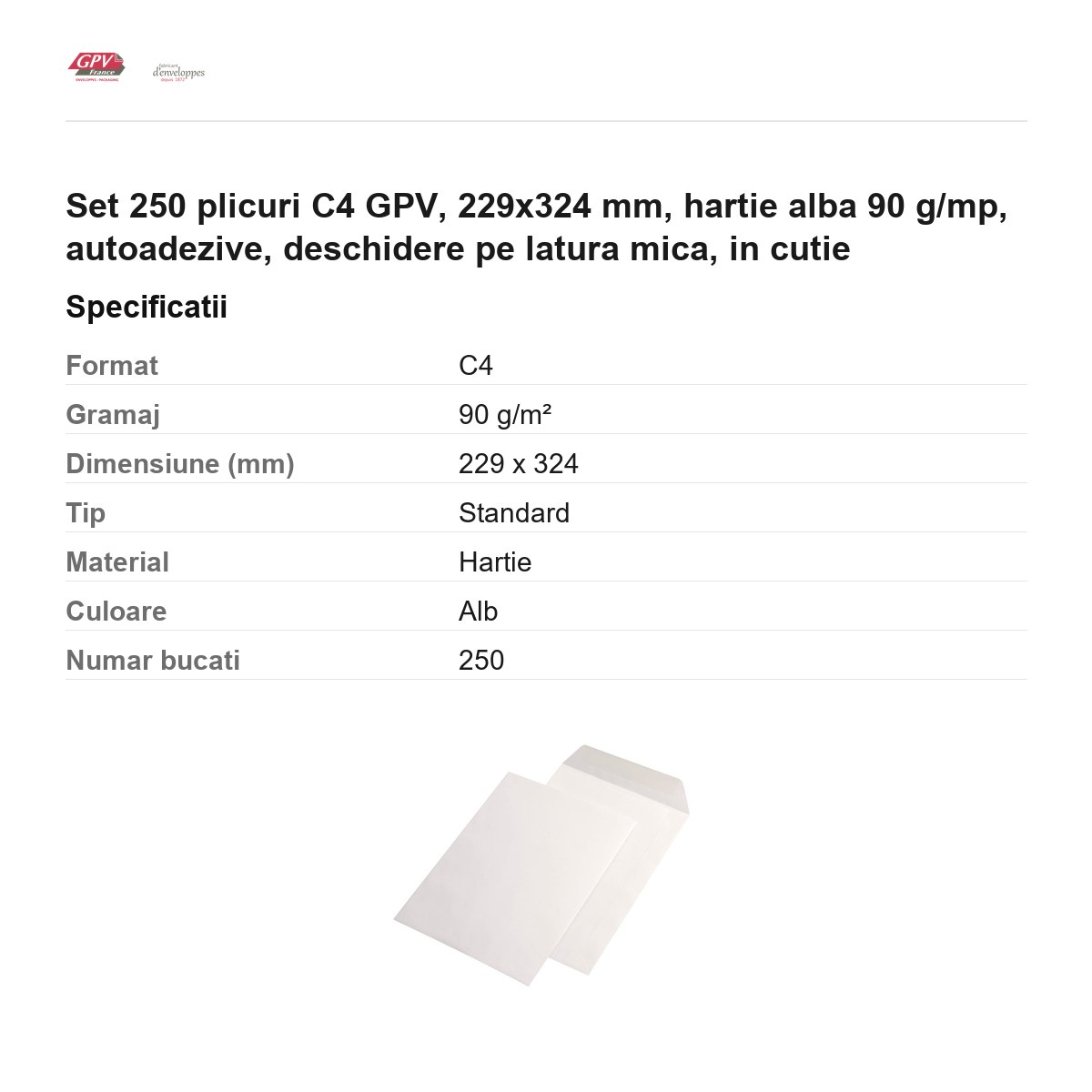 Set 250 plicuri C4 GPV, 229x324 mm, hartie alba 90 g/mp, autoadezive, deschidere pe latura mica, in cutie [2]