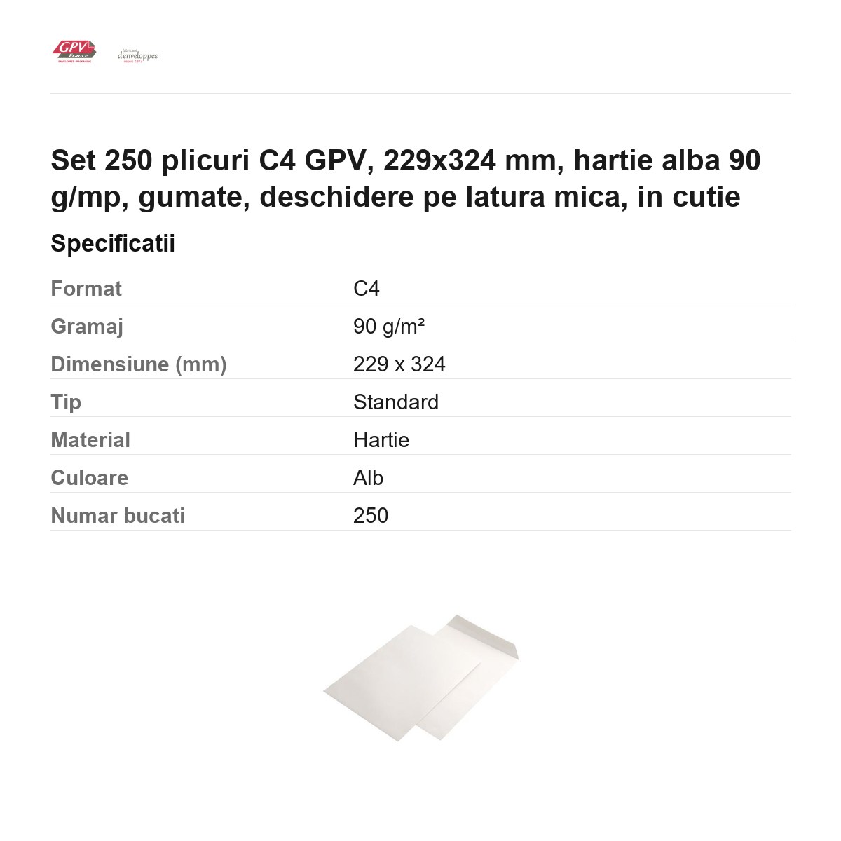 Set 250 plicuri C4 GPV, 229x324 mm, hartie alba 90 g/mp, gumate, deschidere pe latura mica, in cutie [2]