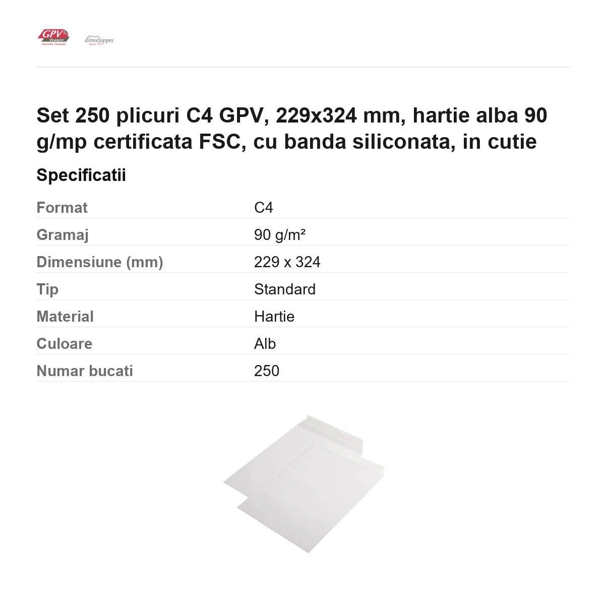 Set 250 plicuri C4 GPV, 229x324 mm, hartie alba 90 g/mp certificata FSC, cu banda siliconata, in cutie [2]