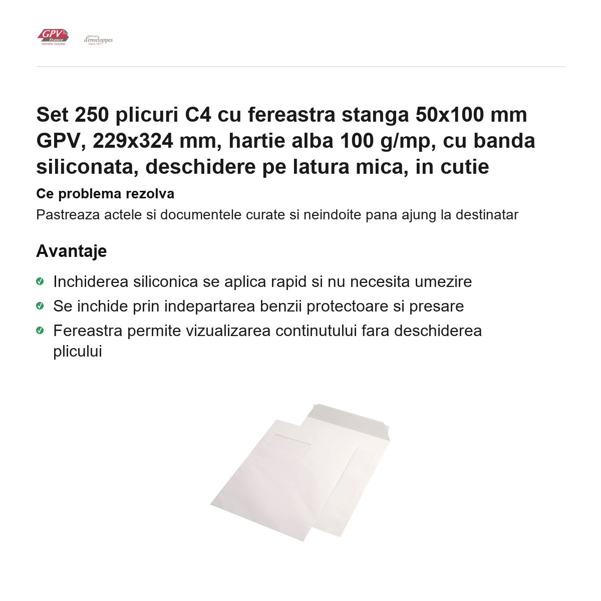Set 250 plicuri C4 cu fereastra stanga 50x100 mm GPV, 229x324 mm, hartie alba 100 g/mp, cu banda siliconata, deschidere pe latura mica, in cutie [1]