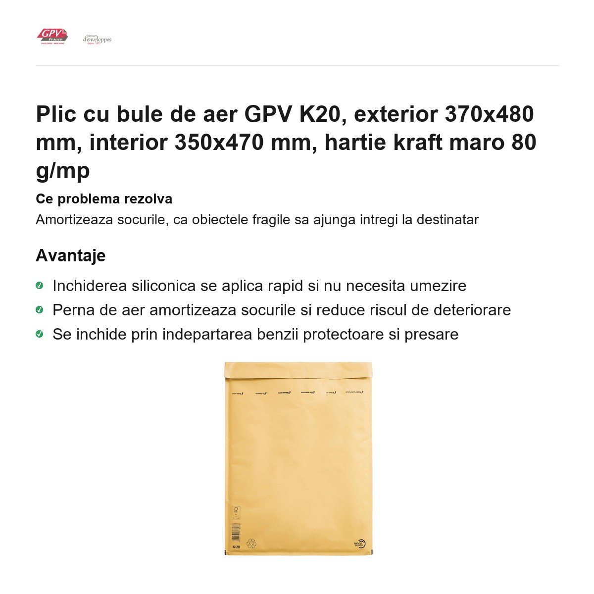 Plic cu bule de aer GPV K20, exterior 370x480 mm, interior 350x470 mm, hartie kraft maro 80 g/mp [1]