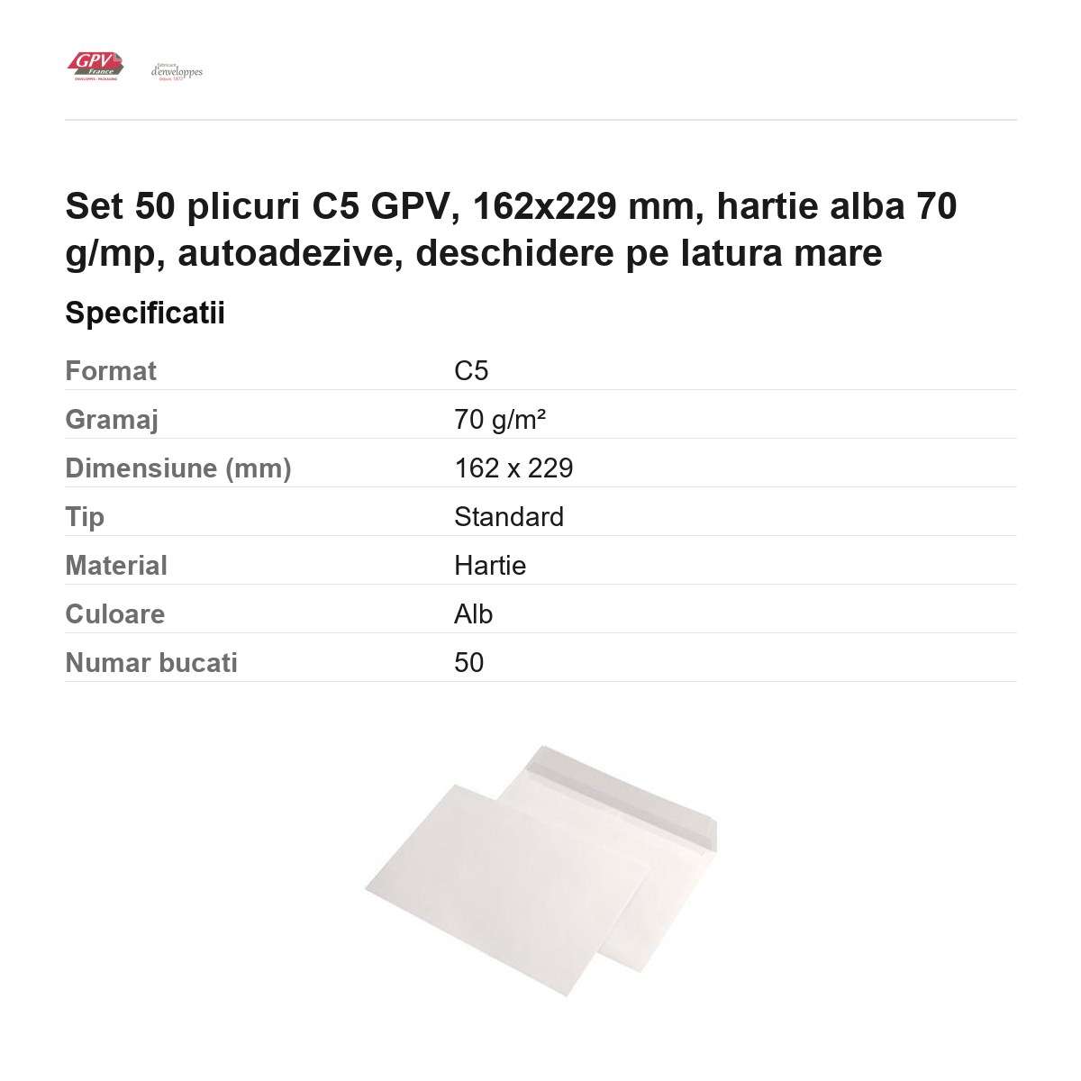Set 50 plicuri C5 GPV, 162x229 mm, hartie alba 70 g/mp, autoadezive, deschidere pe latura mare [2]