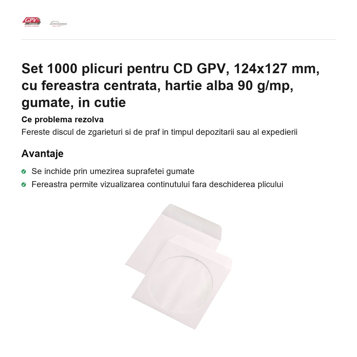 Set 1000 plicuri pentru CD GPV, 124x127 mm, cu fereastra centrata, hartie alba 90 g/mp, gumate, in cutie [1]