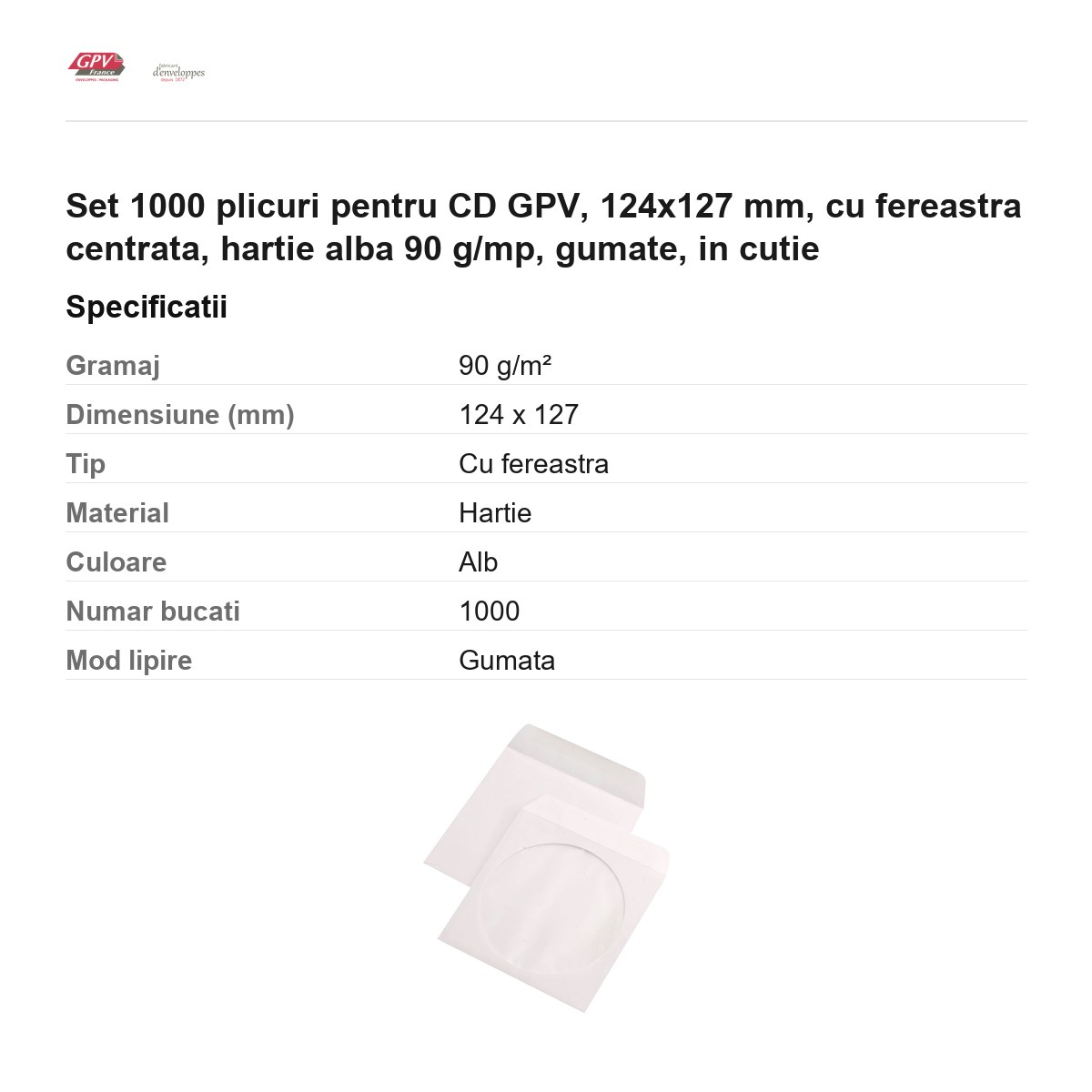 Set 1000 plicuri pentru CD GPV, 124x127 mm, cu fereastra centrata, hartie alba 90 g/mp, gumate, in cutie [2]