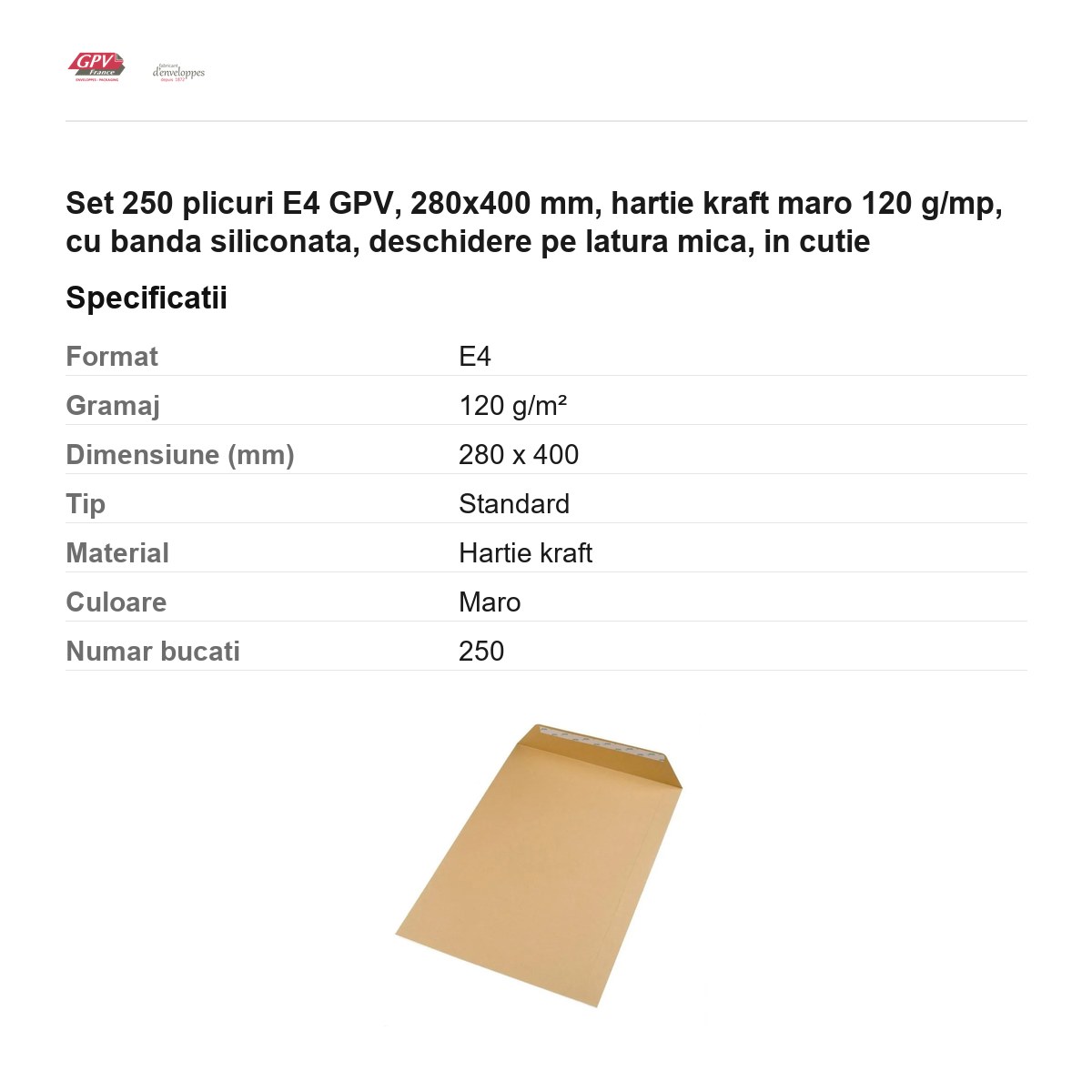 Set 250 plicuri E4 GPV, 280x400 mm, hartie kraft maro 120 g/mp, cu banda siliconata, deschidere pe latura mica, in cutie [2]