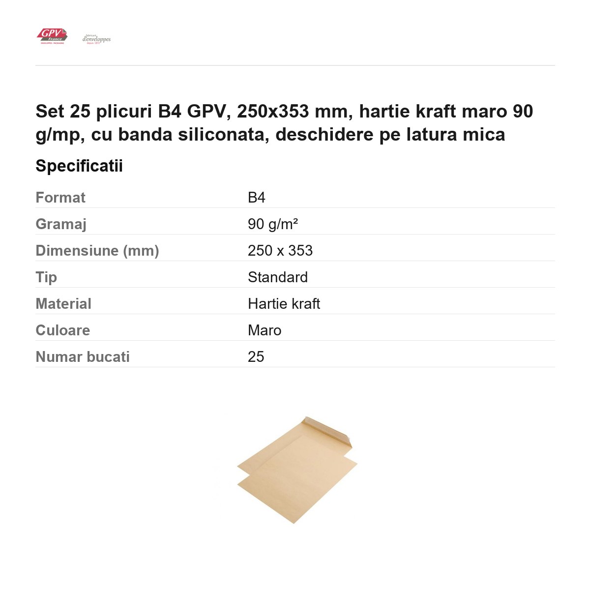 Set 25 plicuri B4 GPV, 250x353 mm, hartie kraft maro 90 g/mp, cu banda siliconata, deschidere pe latura mica [2]