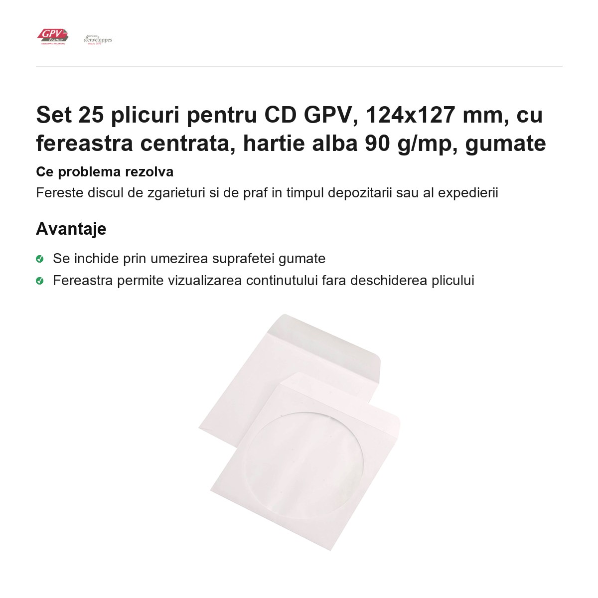 Set 25 plicuri pentru CD GPV, 124x127 mm, cu fereastra centrata, hartie alba 90 g/mp, gumate [1]